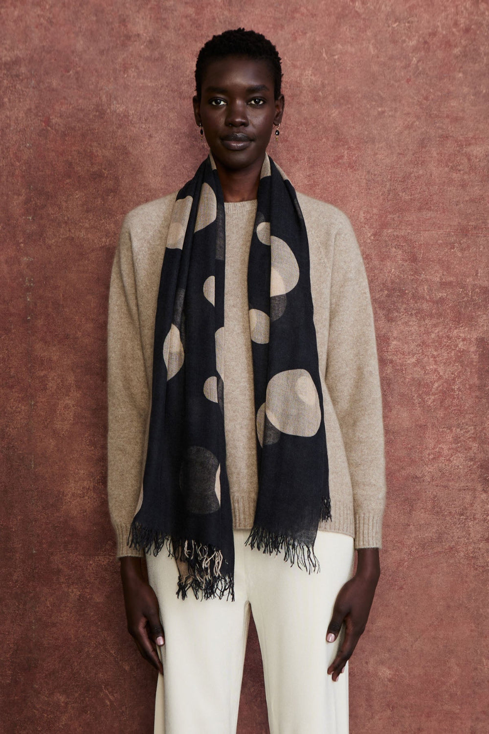 Cashmere and Silk Scarf Black Polka Dot