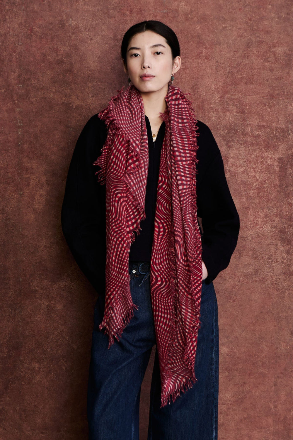 100% Cashmere Scarf Red Warped Plaid