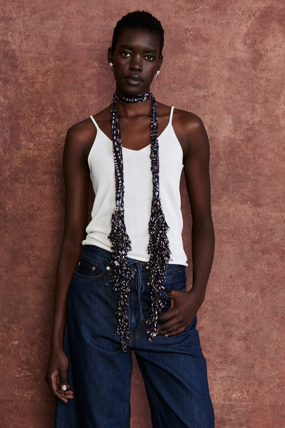 Fringe Skinny Scarf Blue Warped Plaid