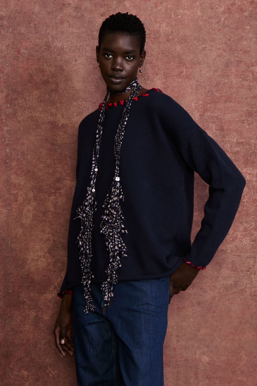 Fringe Skinny Scarf Blue Warped Plaid