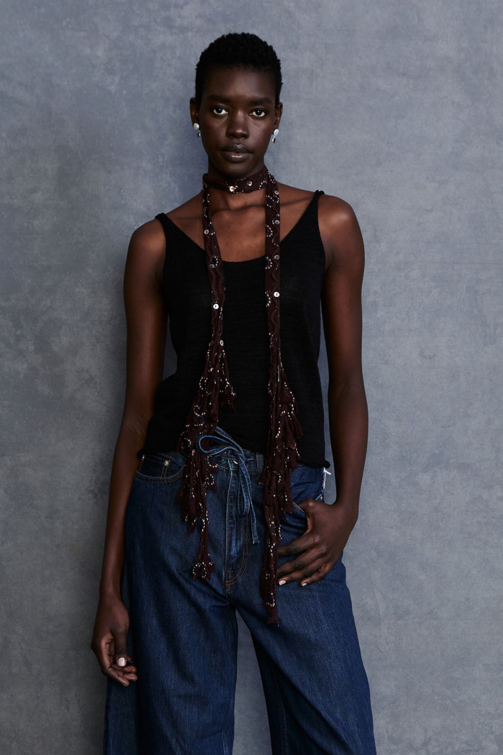 Fringe Skinny Scarf Chocolate Dot