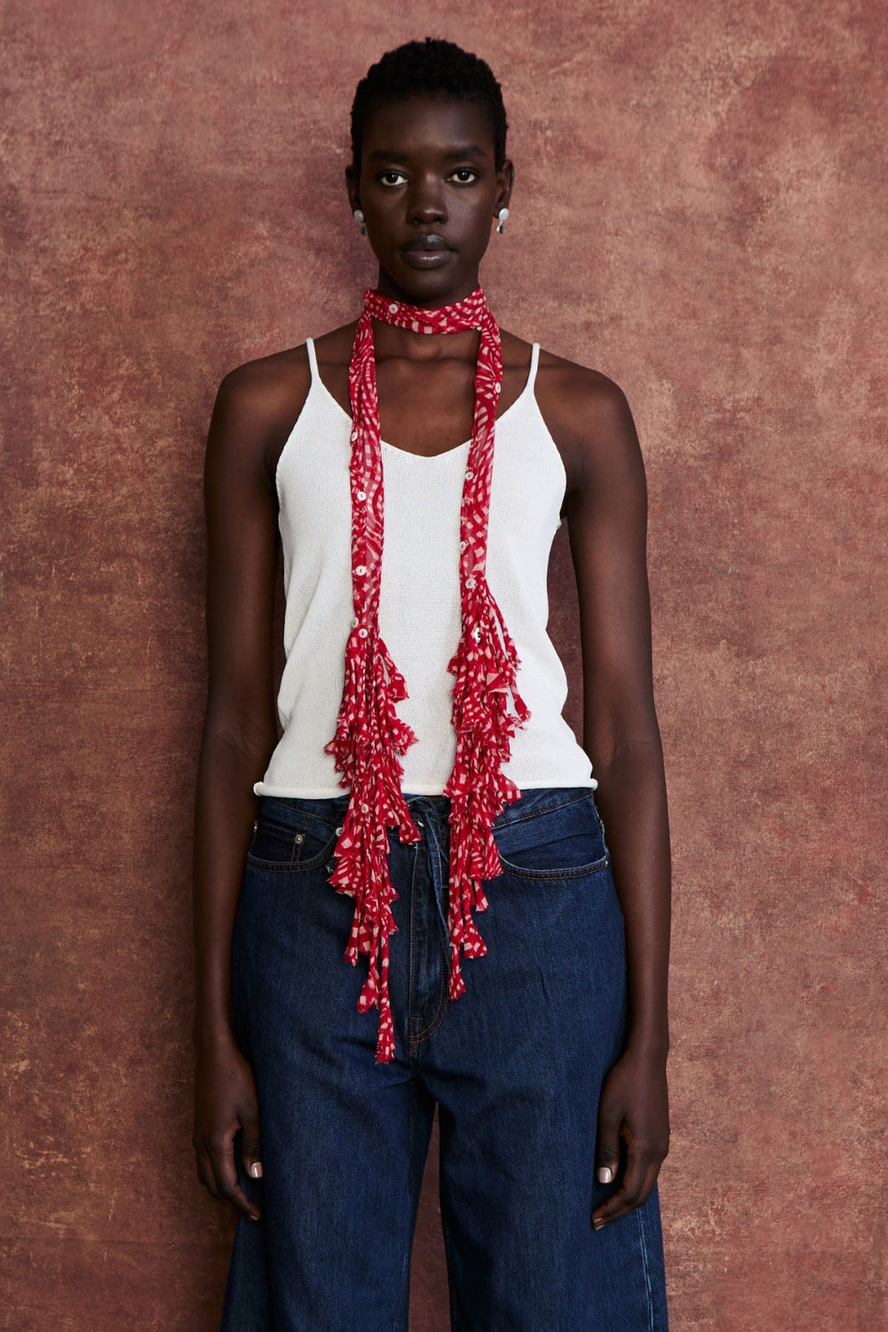 Fringe Skinny Scarf Red Warped Plaid