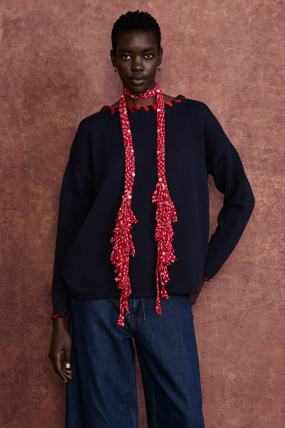 Fringe Skinny Scarf Red Warped Plaid